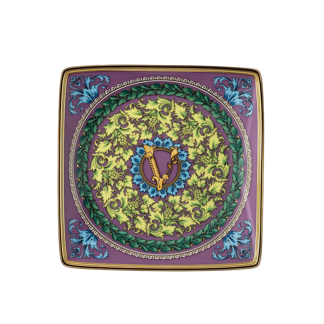 Versace Barocco Mosaic Square Dish by Rosenthal - purple, green, blue and gold porcelain dish with a baroque medallion design and gold Versace emblem