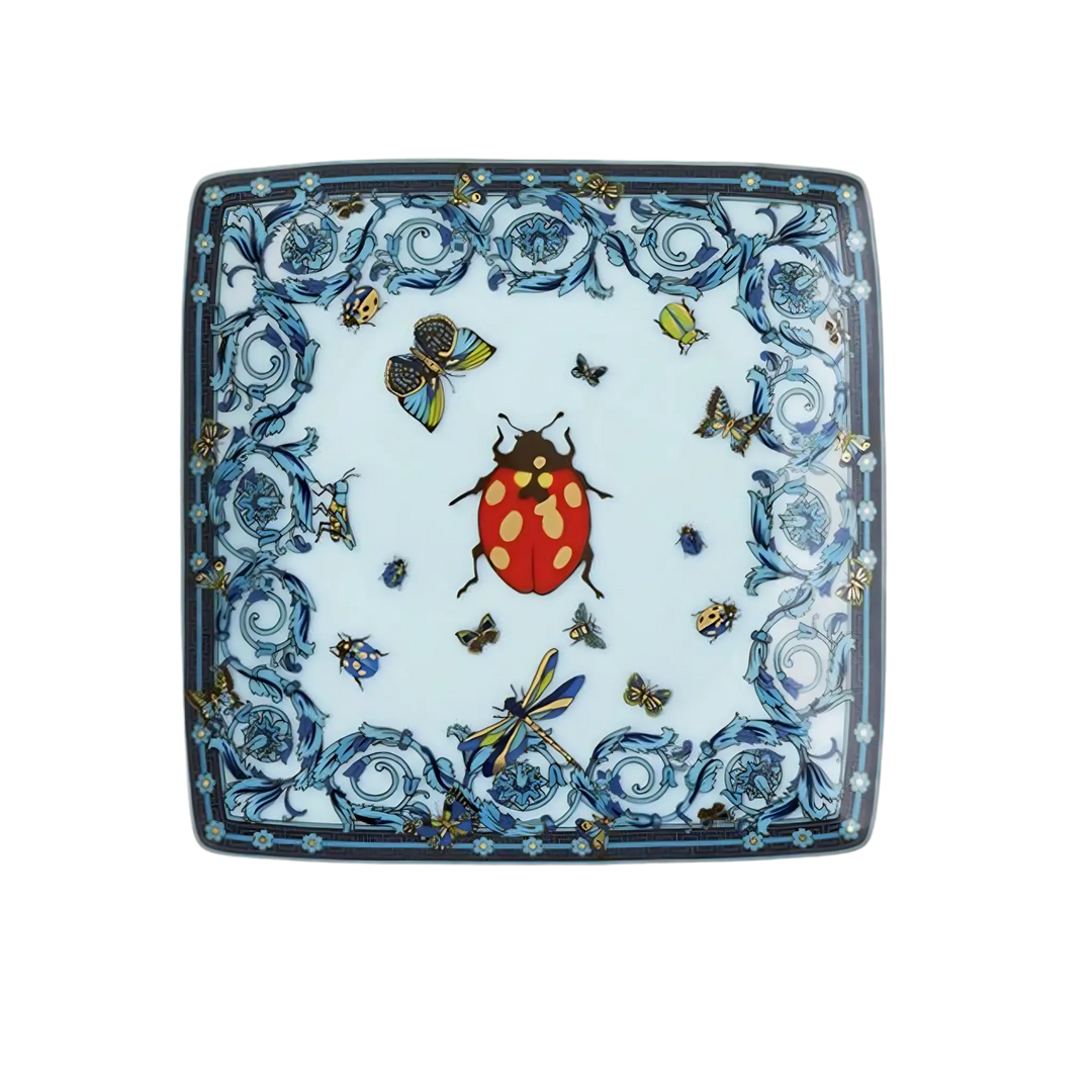 Versace Blue Lady Bug Square Dish by Rosenthal - porcelain dish with light blue background and red ladybug motif