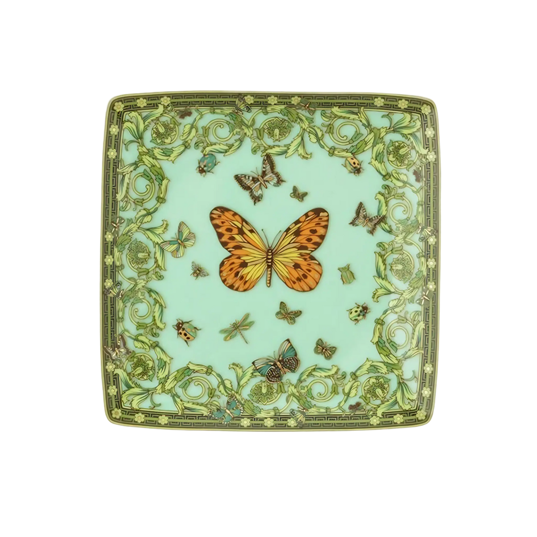 Versace Green Butterfly Square Dish by Rosenthal - porcelain dish with mint green background and orange butterfly motif