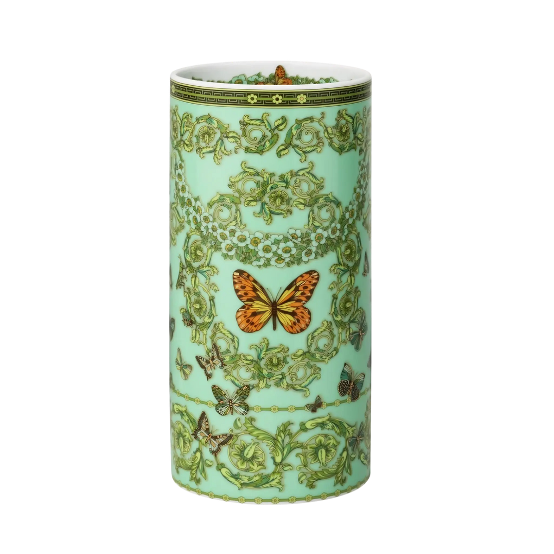 Versace Green Butterfly Vase by Rosenthal - cylindrical porcelain vase with green floral pattern and orange butterfly motif