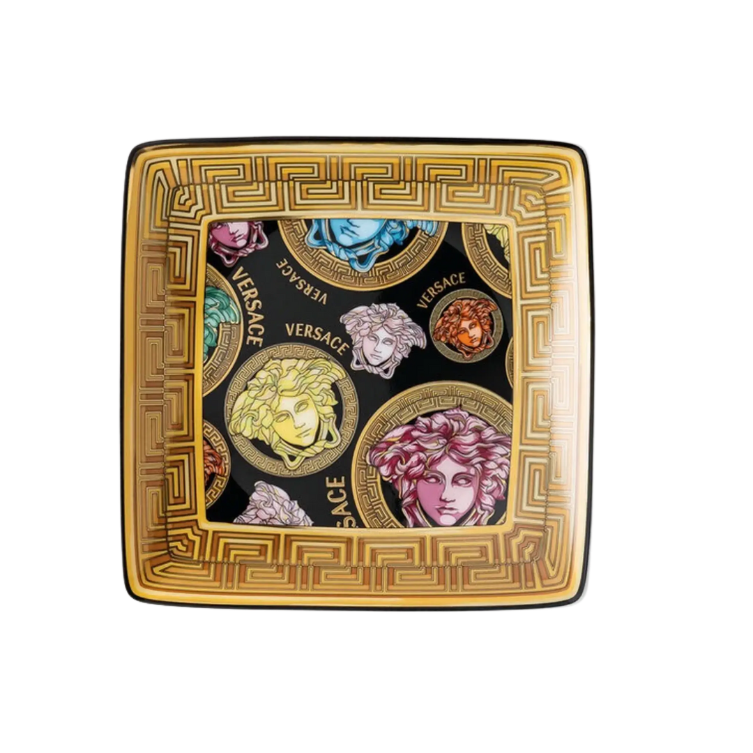 Versace Medusa Amplified Multicolored Square Dish by Rosenthal - decorative porcelain plate with colorful Medusa head motifs on black
