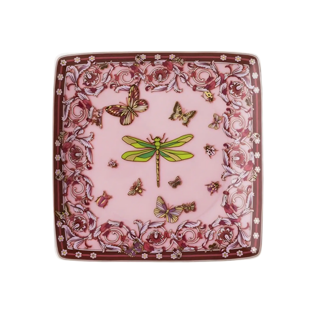Versace Pink Dragonfly Square Dish by Rosenthal - porcelain dish with pink background, green dragonfly, and butterfly motifs