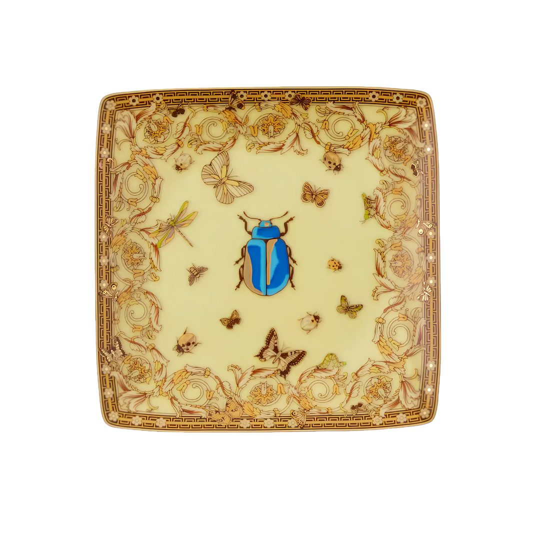 Versace Yellow Beetle Square Dish by Rosenthal - porcelain dish with cream background and blue beetle motif