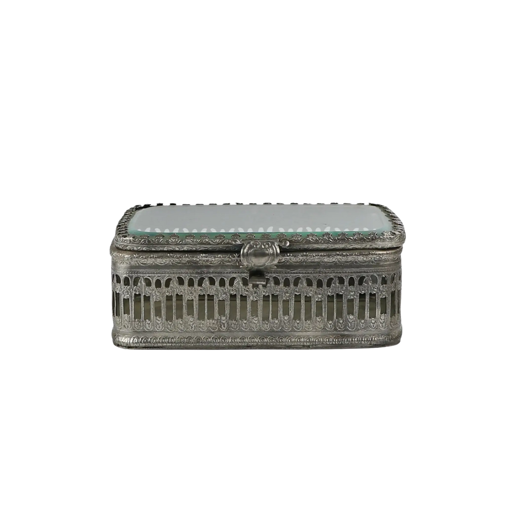 Vintage style brushed nickel decorative box with glass top lid and pierced Victorian detailing from Mood by DMJ, available online with, view 2
