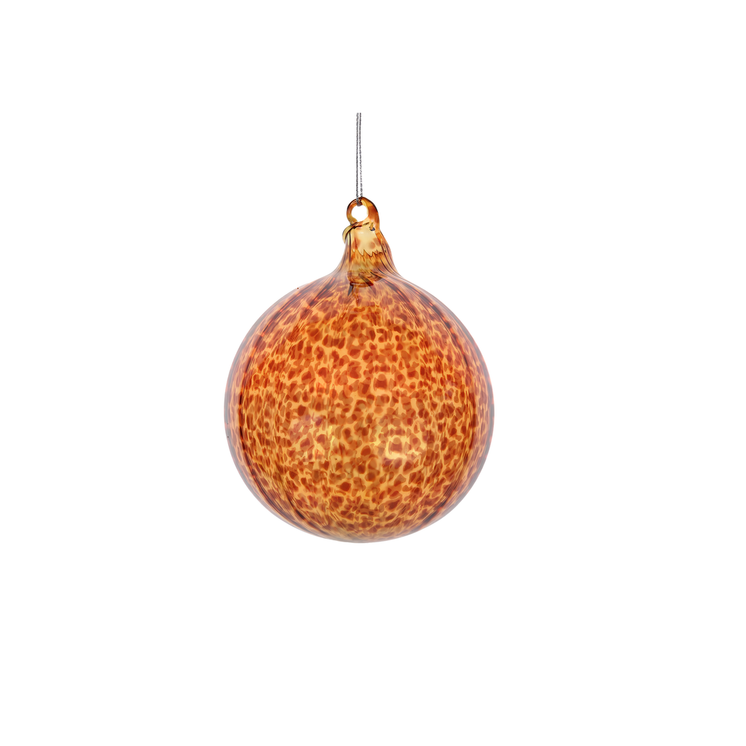 Winward 100mm leopard print glass ball ornament in amber with brown and bronze spots, from Mood by DMJ