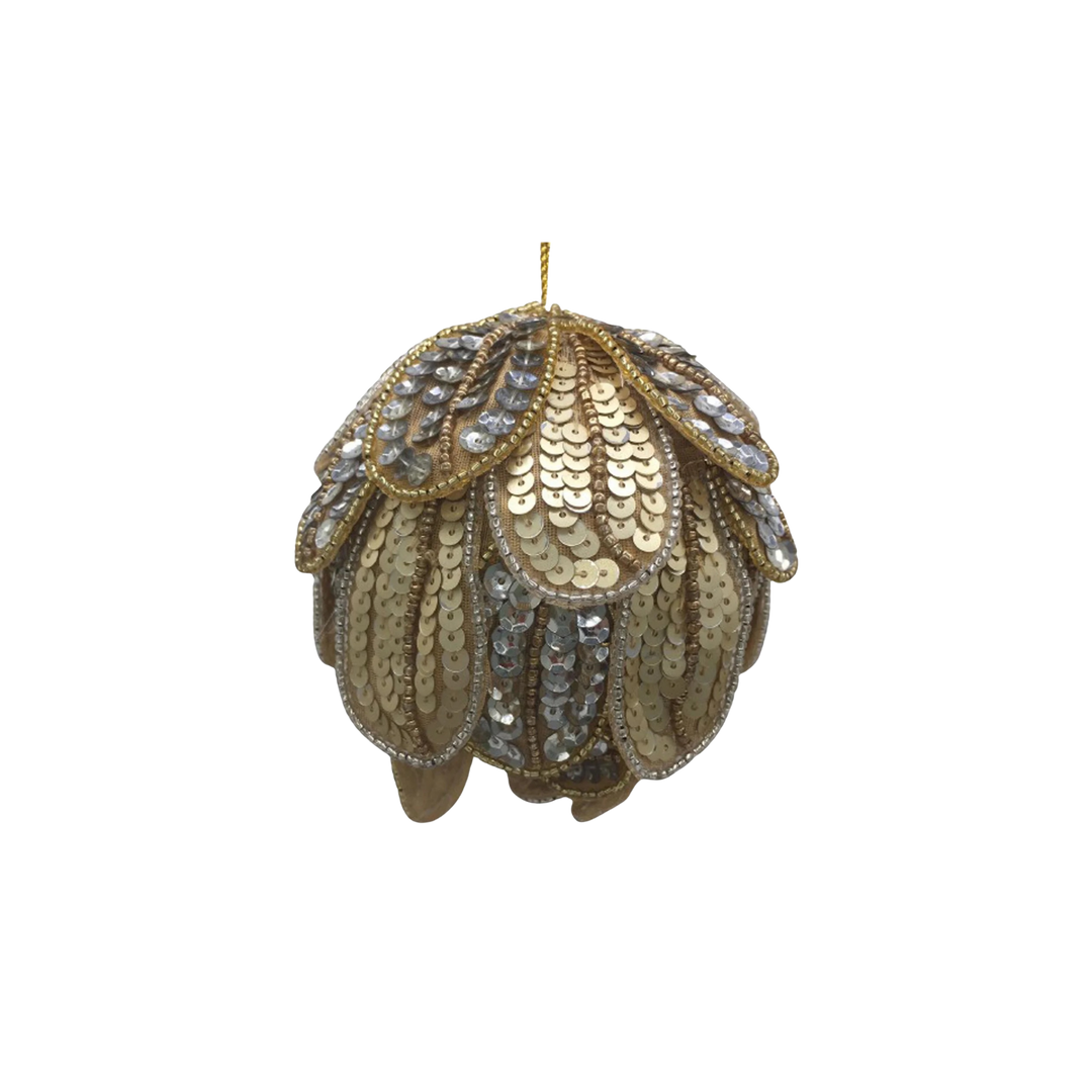 Winward 110mm gold and silver beaded sequin ball ornament with layered petals, from Mood by DMJ