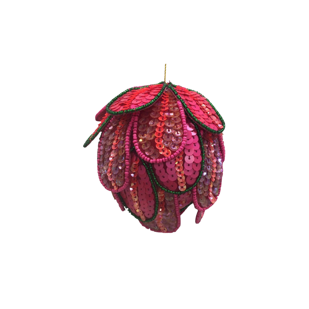 Winward 110mm hot pink beaded sequin ball ornament with green beaded edges, from Mood by DMJ