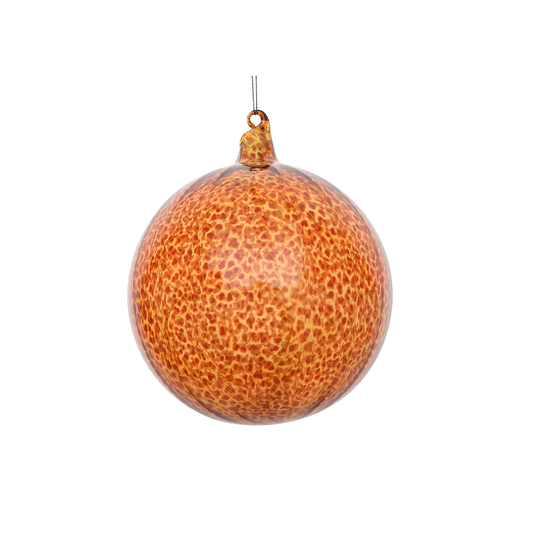 Winward 150mm leopard print glass ball ornament in amber with rust and bronze spots, from Mood by DMJ