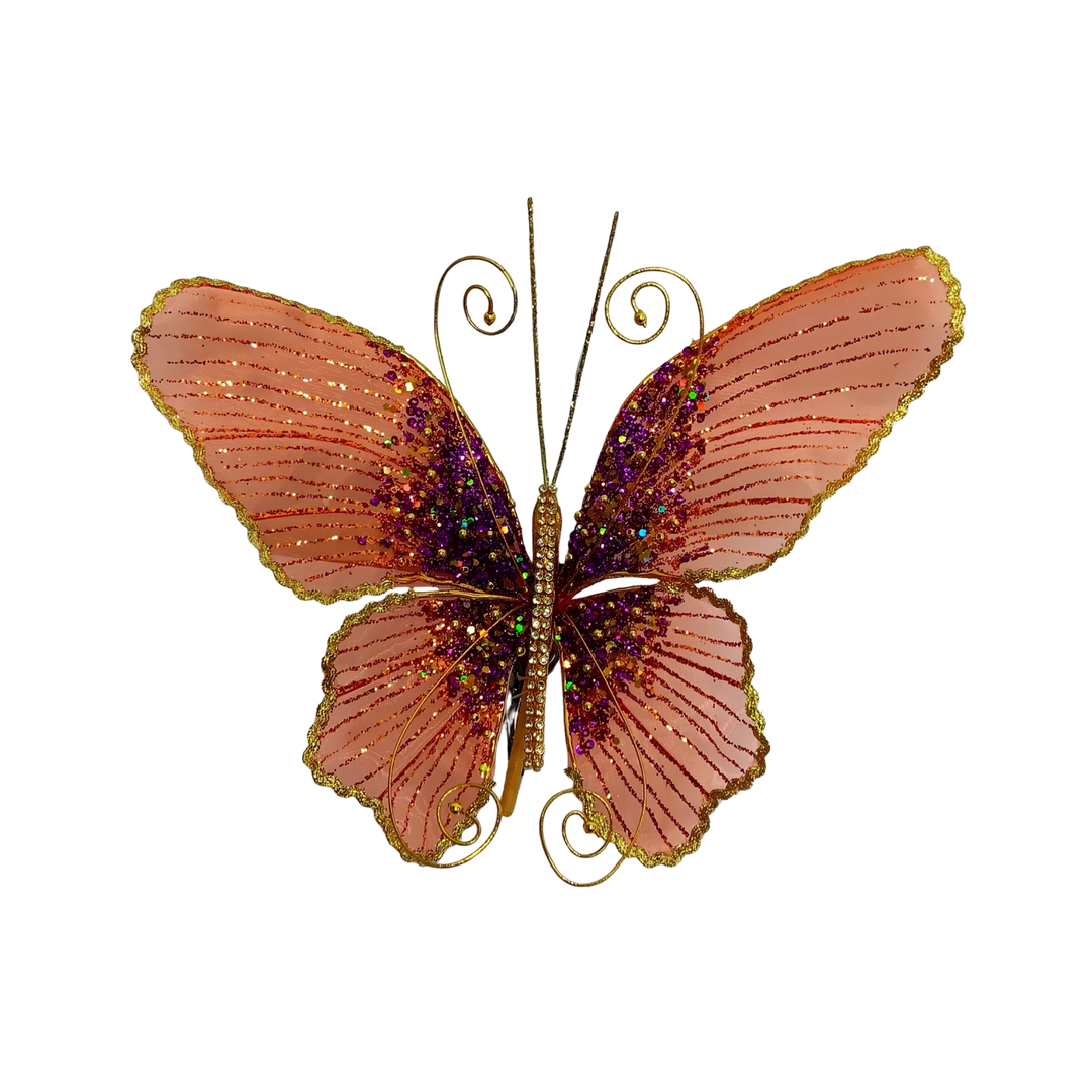 Winward large glitter butterfly clip on Christmas ornament in coral orange and purple with gold trim, from Mood by DMJ