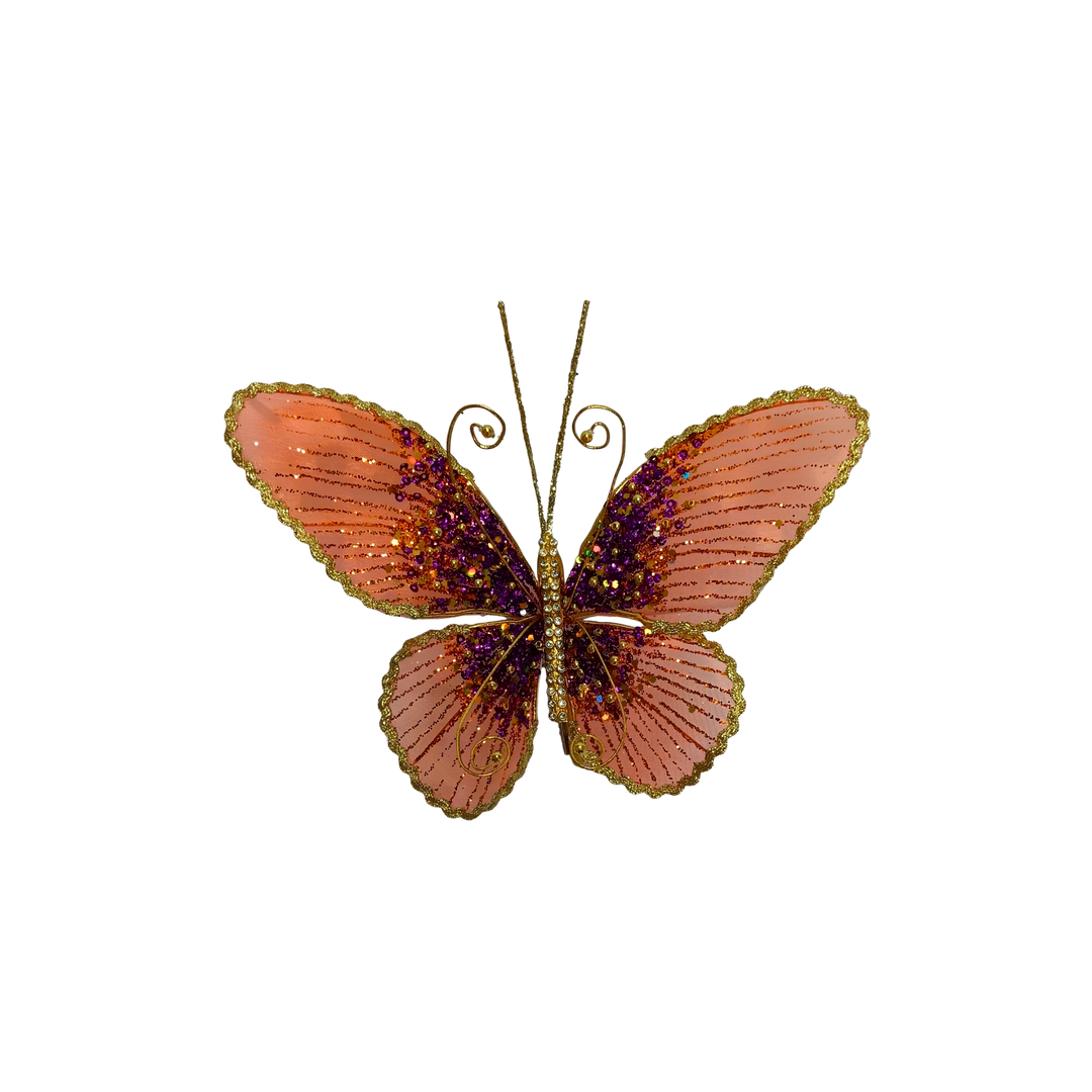 Winward small glitter butterfly clip on Christmas ornament in coral orange and purple with gold trim, from Mood by DMJ
