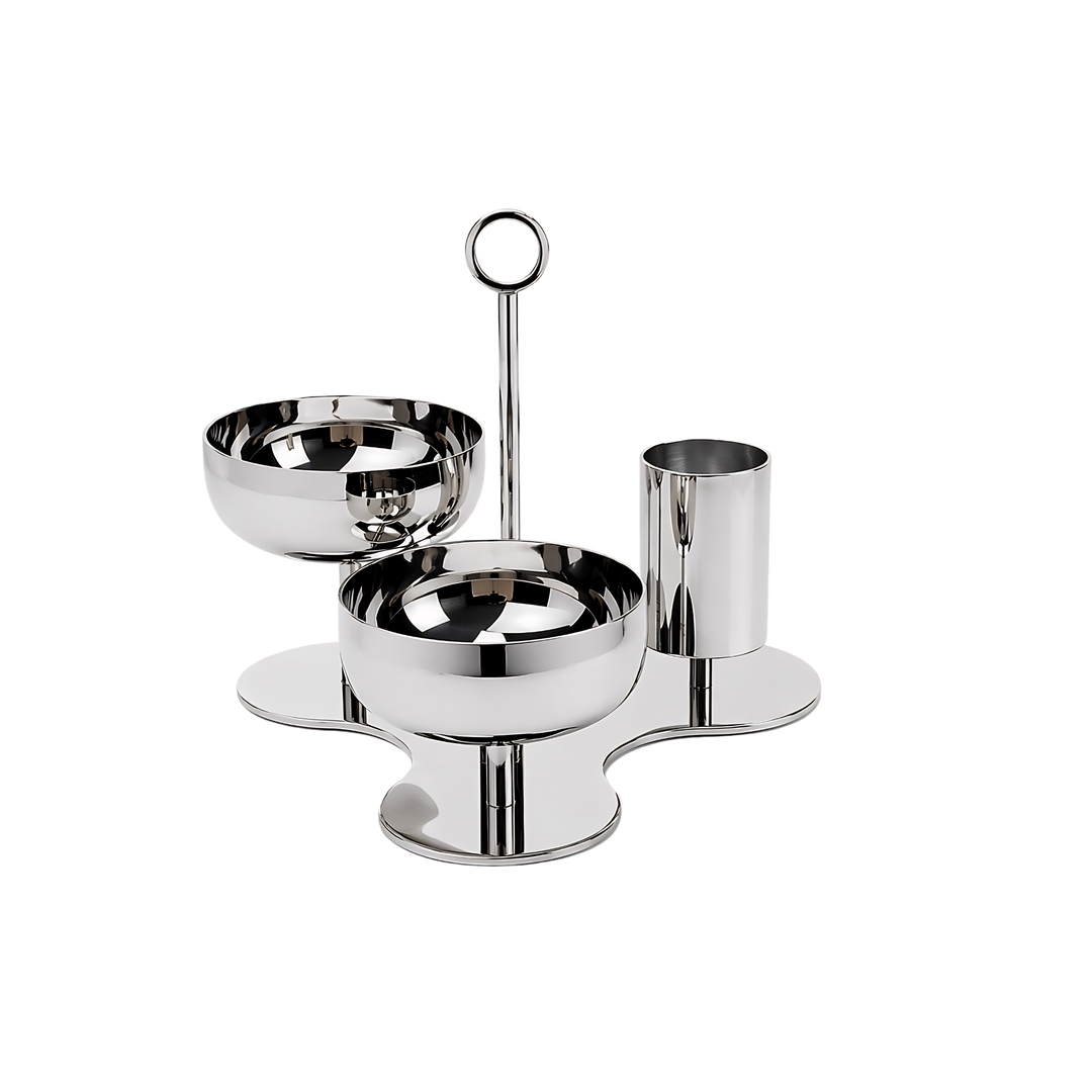 Zodax Polished Stainless Steel Serving Set with two bowls and toothpick holder – luxury entertaining barware for olives, pickles & cocktail garnishes | Mood by DMJ