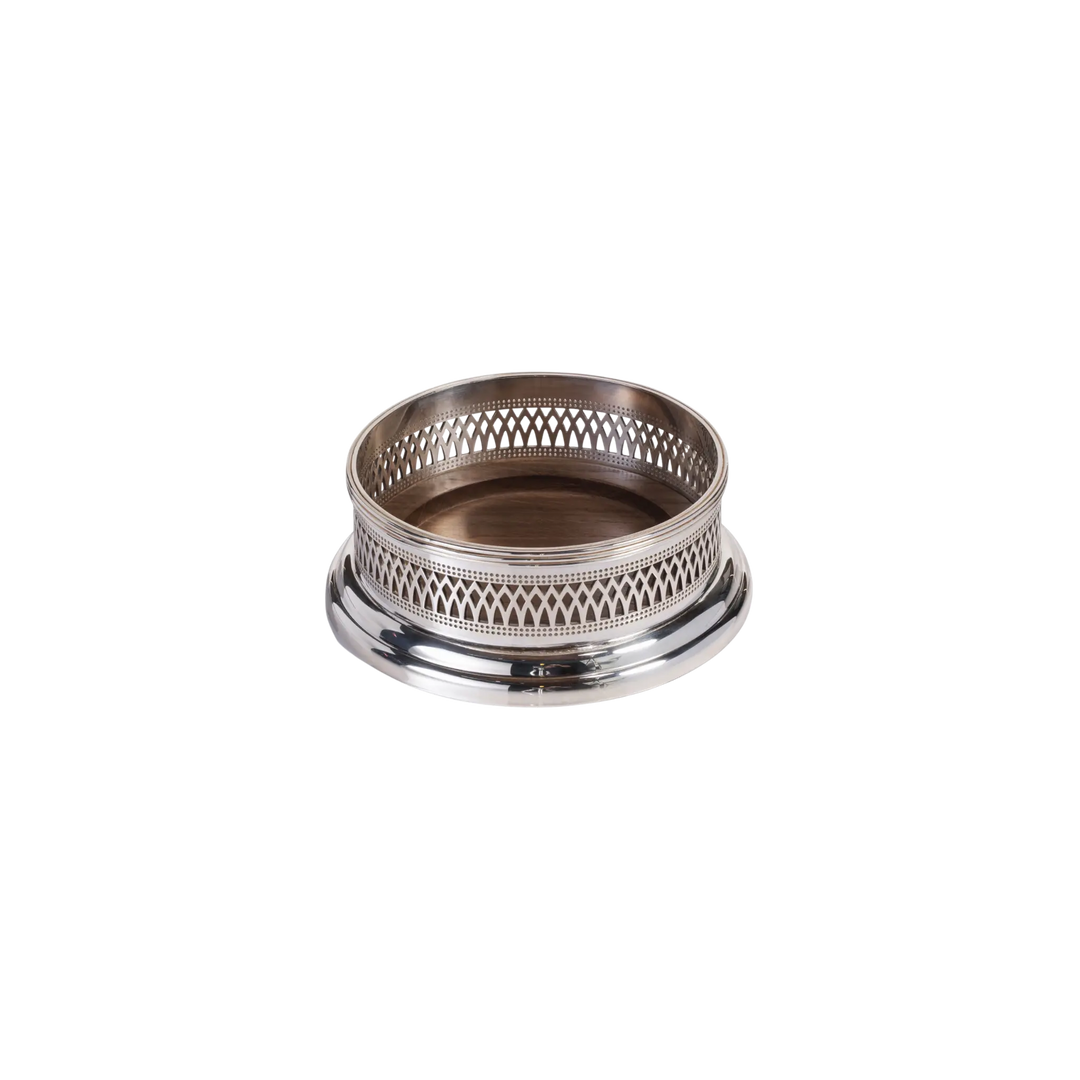 Sommelier's Edge Wine Bottle Coaster by Zodax, silver-plated stainless steel wine bottle coaster with intricate detailing and a dark